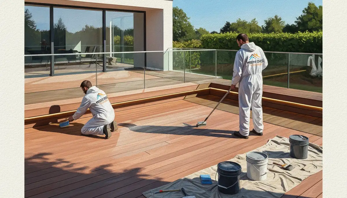 Hartford, CT painter applying deck coating for durable wood protection in New England weather