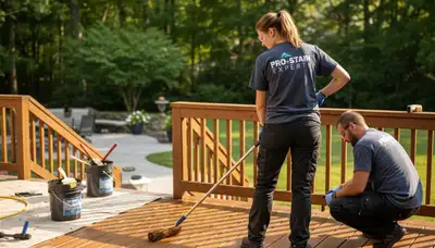 Hartford, CT painter staining a wooden deck to enhance grain and protect it from weather damage